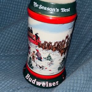 Budweiser Green and Red Holiday Ceramic Stein with Winter Scene